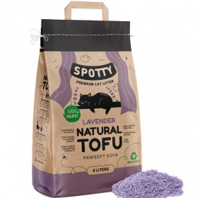 Соева котешка тоалетна SPOTTY TOFU LAVANDER със свеж аромат на лавандула, с незабавно слепване и възможност за иззхвърляне в тоалетната